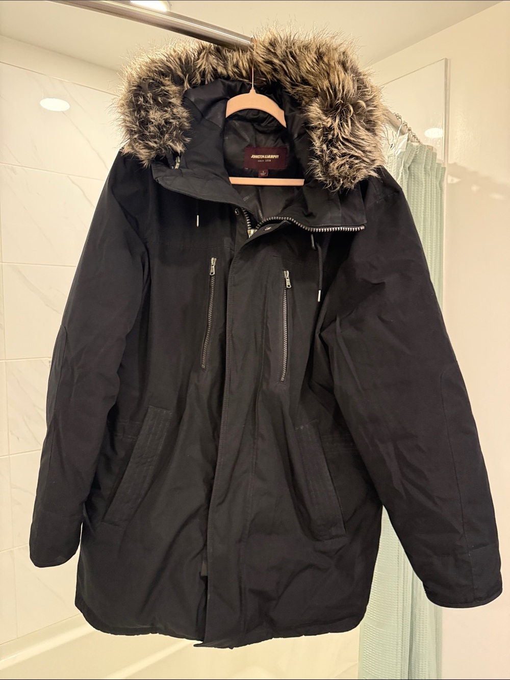 Johnston & Murphy Black Men's Parka with Faux Fur Trim